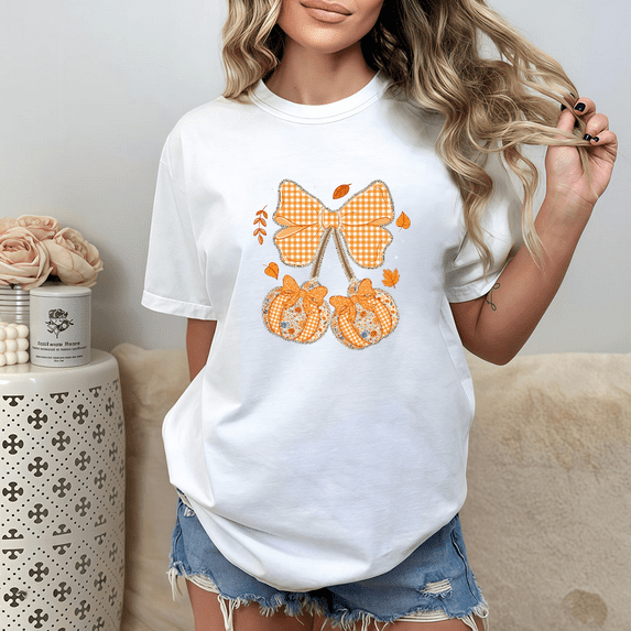 Fashionable with a Fashion round neck and short sleeve featuring a yellow bow leaf pumpkin pattern White S-5XL