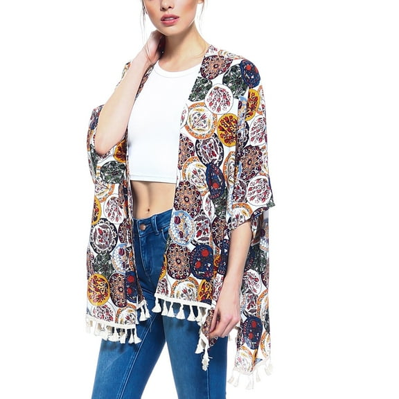 Fashionazzle Women's Casual Fringe Kimono Cardigan Beach Wear Cover-up-Multi