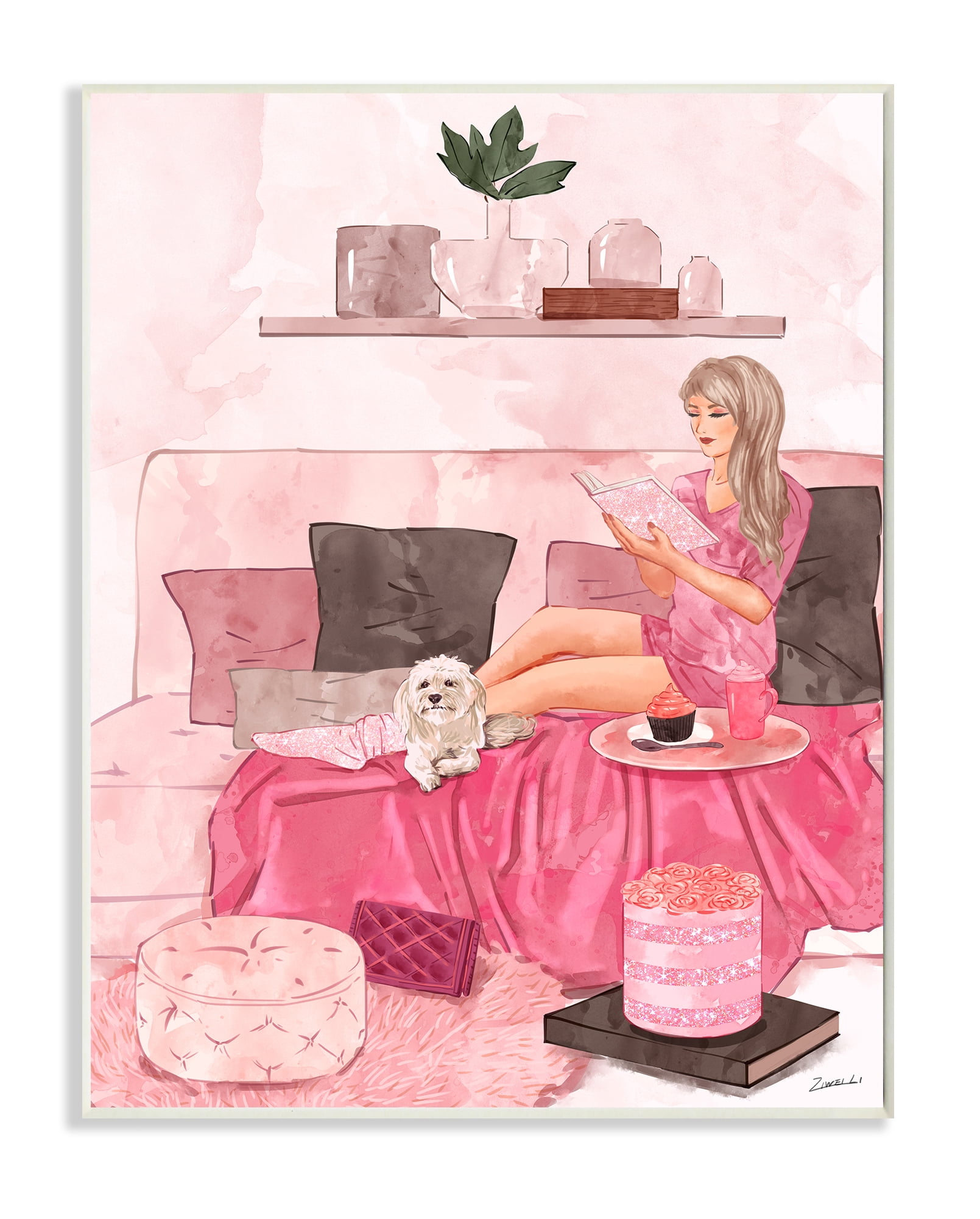 Fashionista Reading with Dog Pink Room Interior 10 in x 15 in Framed Painting Art Print, by Stupell Home Décor