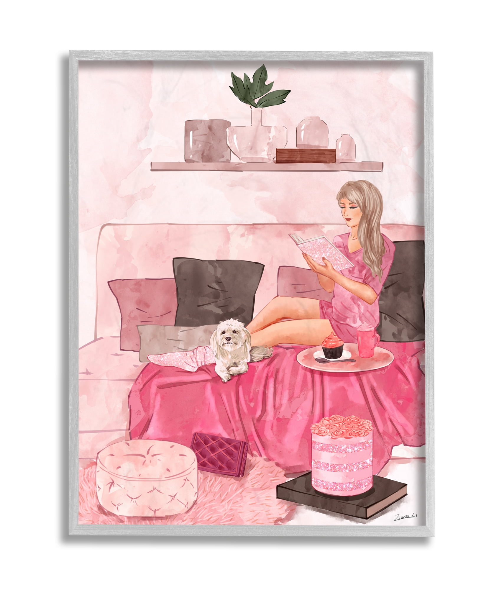 Fashionista Reading with Dog Pink Room Interior 11 in x 14 in Framed Painting Art Print, by Stupell Home Décor