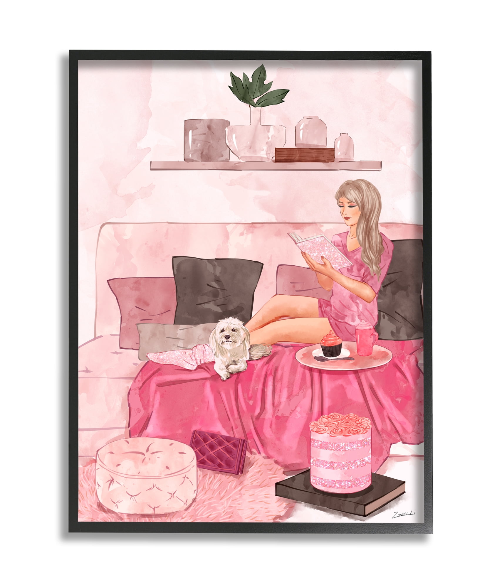 Fashionista Reading with Dog Room Interior 11 in x 14 in Framed Painting Art Print, by Stupell Home Décor