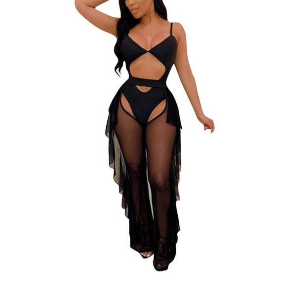 Fashionista Splicing Mesh Pant Solid Color Lady Sexy Set Piece Swimsuit