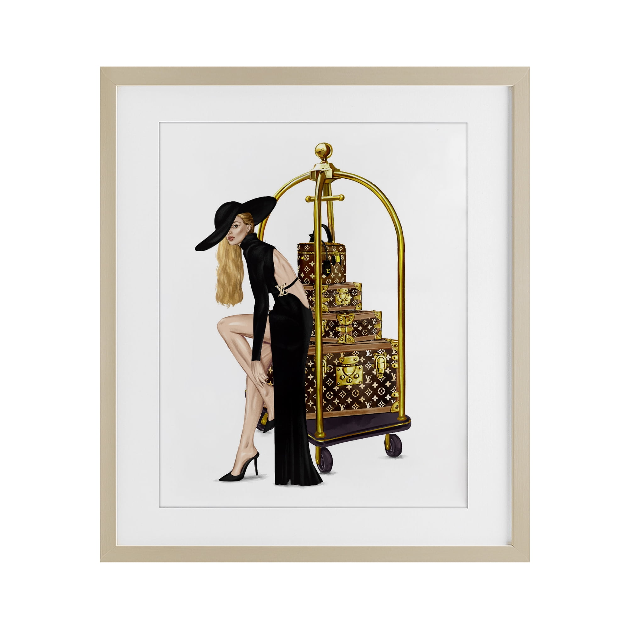 Fashionista with Hotel Luggage Birch Framed Print Under Glass, design by Ziwei Li
