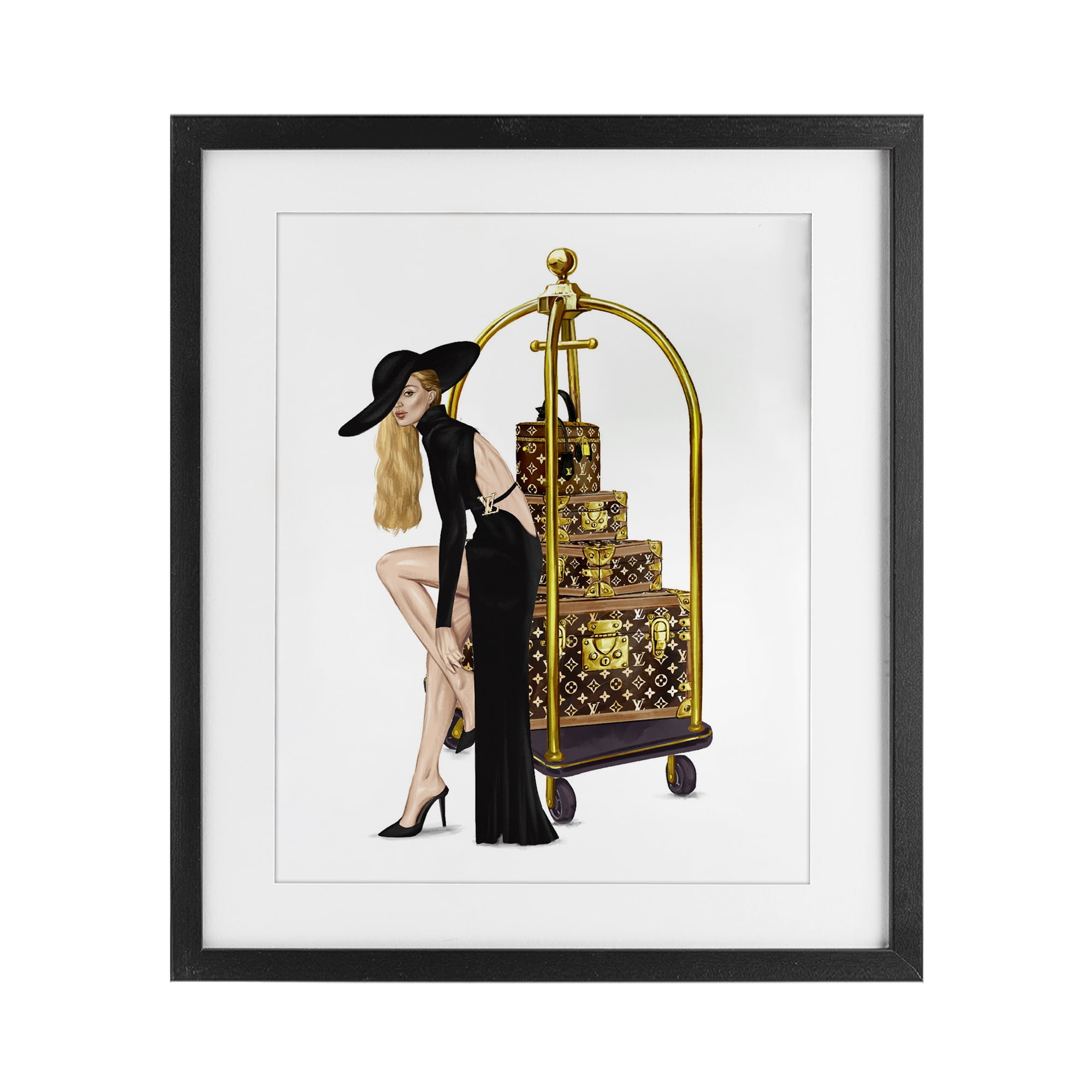 Fashionista with Hotel Luggage Black Framed Print Under Glass, design by Ziwei Li