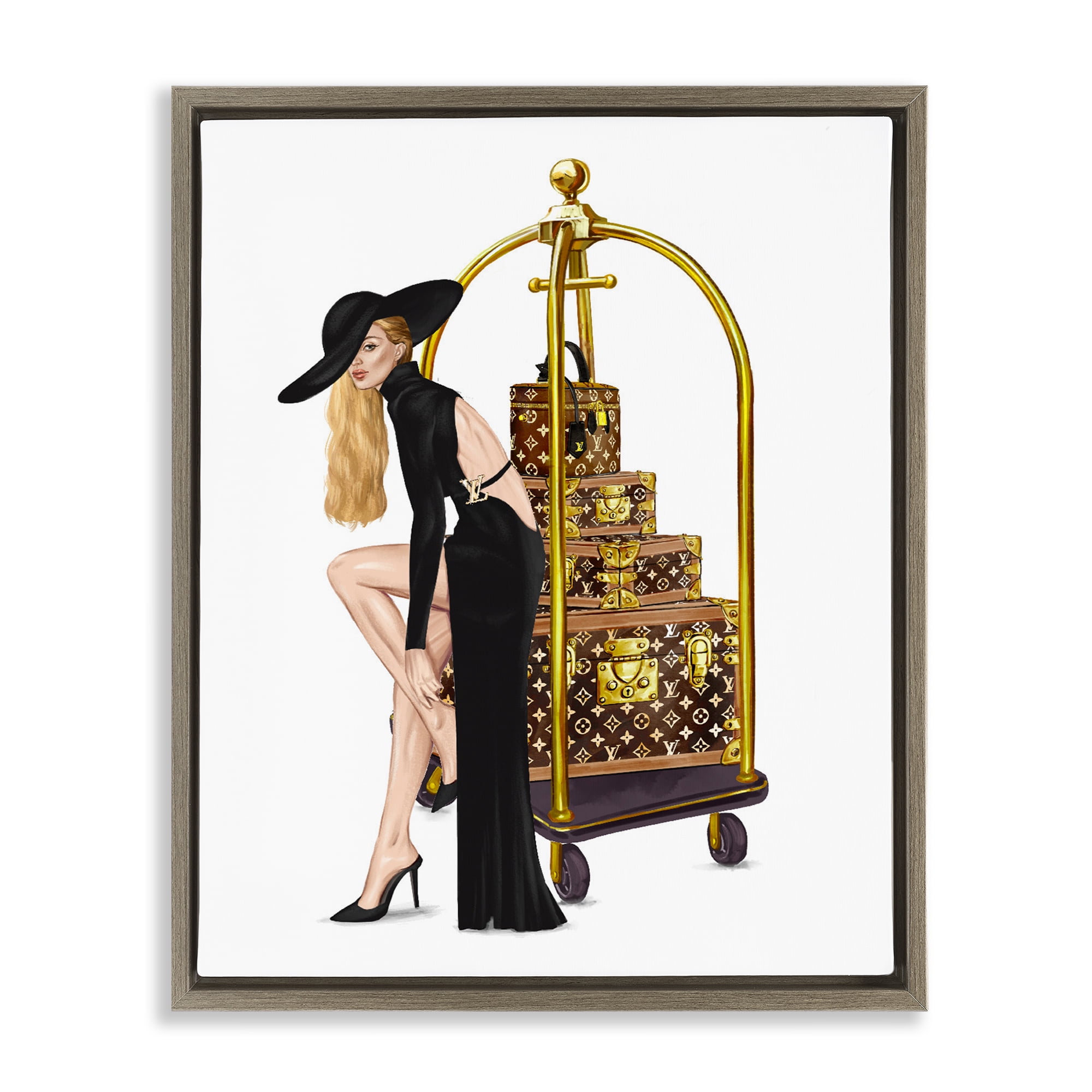 Fashionista with Hotel Luggage Brown Framed Floater Canvas Wall Art, design by Ziwei Li