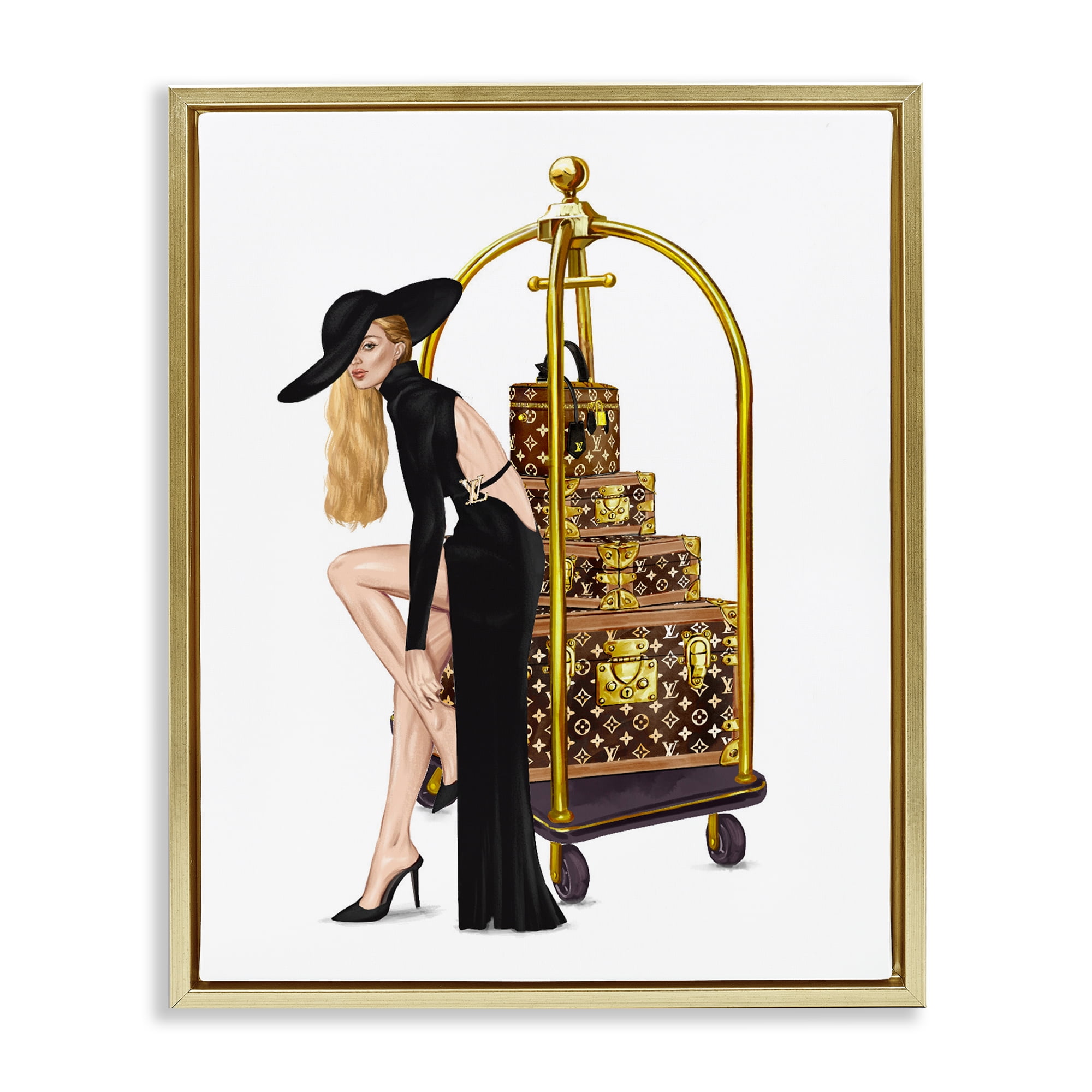 Fashionista with Hotel Luggage Gold Framed Floater Canvas Wall Art, design by Ziwei Li