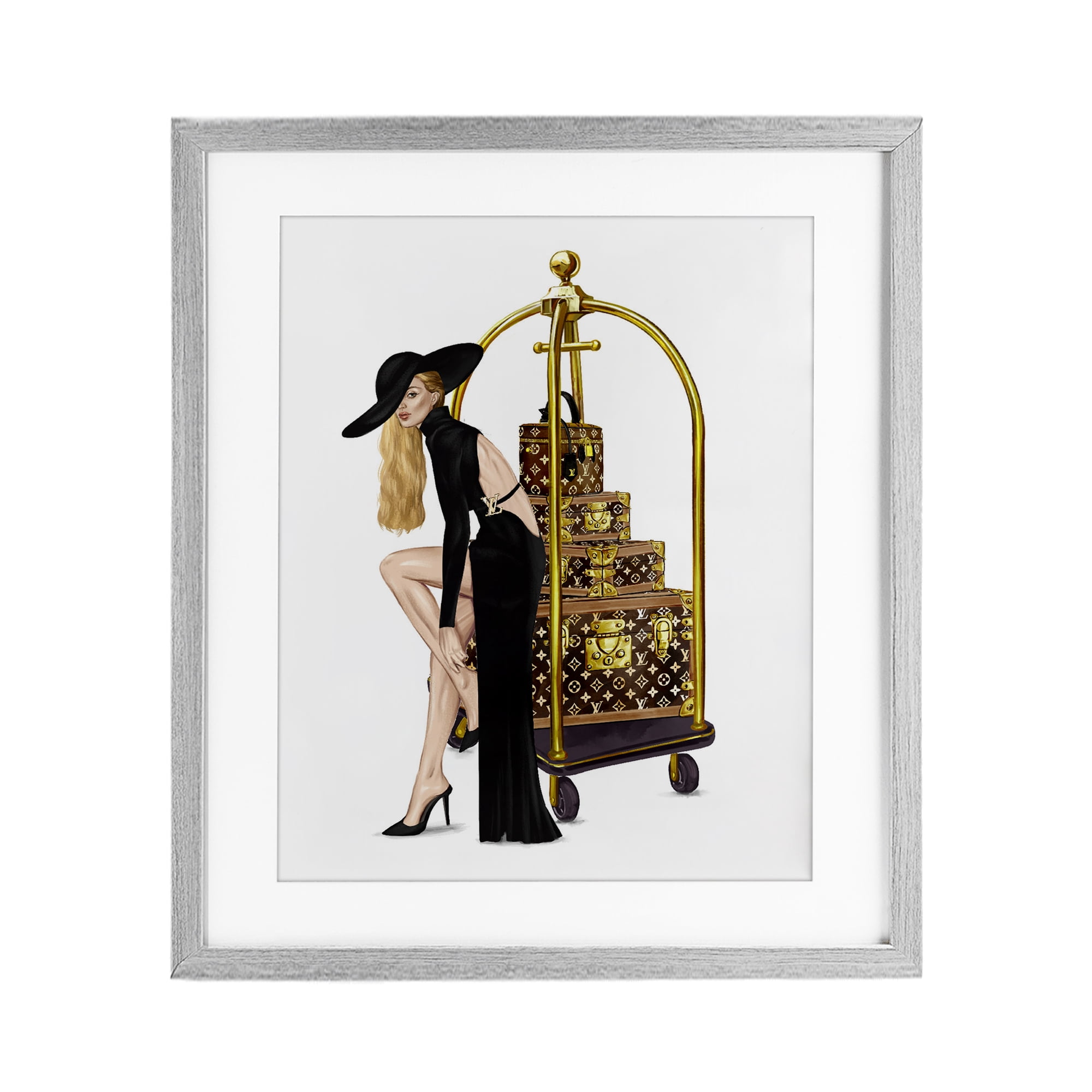 Fashionista with Hotel Luggage Gray Framed Print Under Glass, design by Ziwei Li