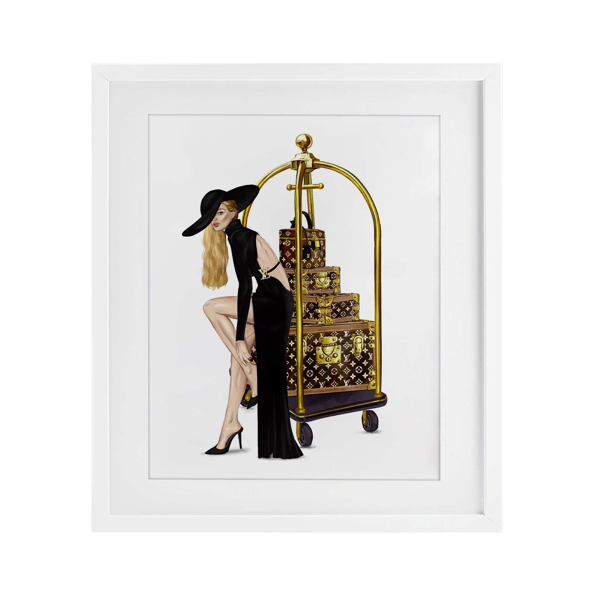 Fashionista with Hotel Luggage White Framed Print Under Glass, design by Ziwei Li
