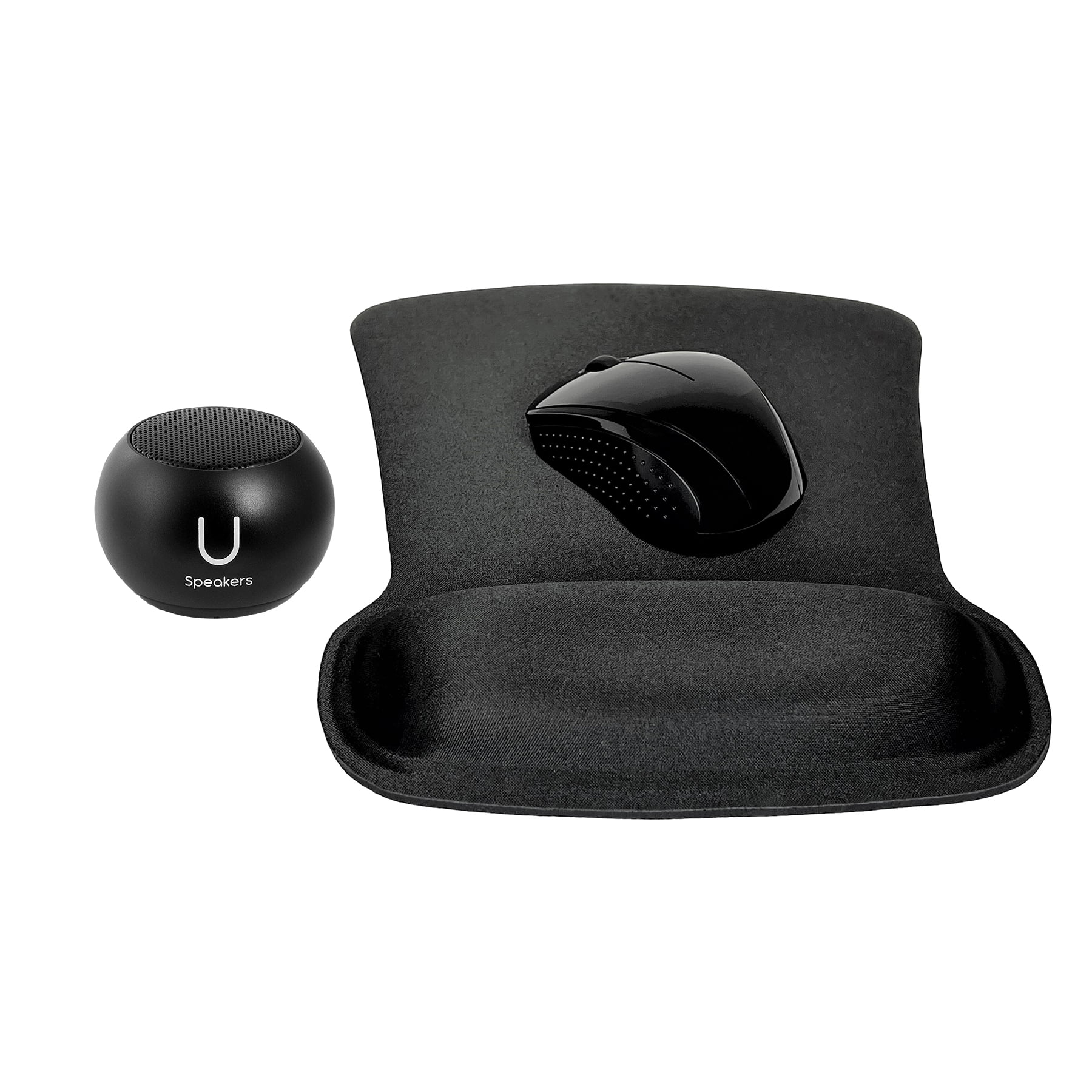 Fashionit U Speakers Bluetooth Mini Speaker Travel Home Office Bundle with Black Wireless Mouse X3000 G2, & Coordinating Gel Mouse Pad, for Modern Workspace – Black