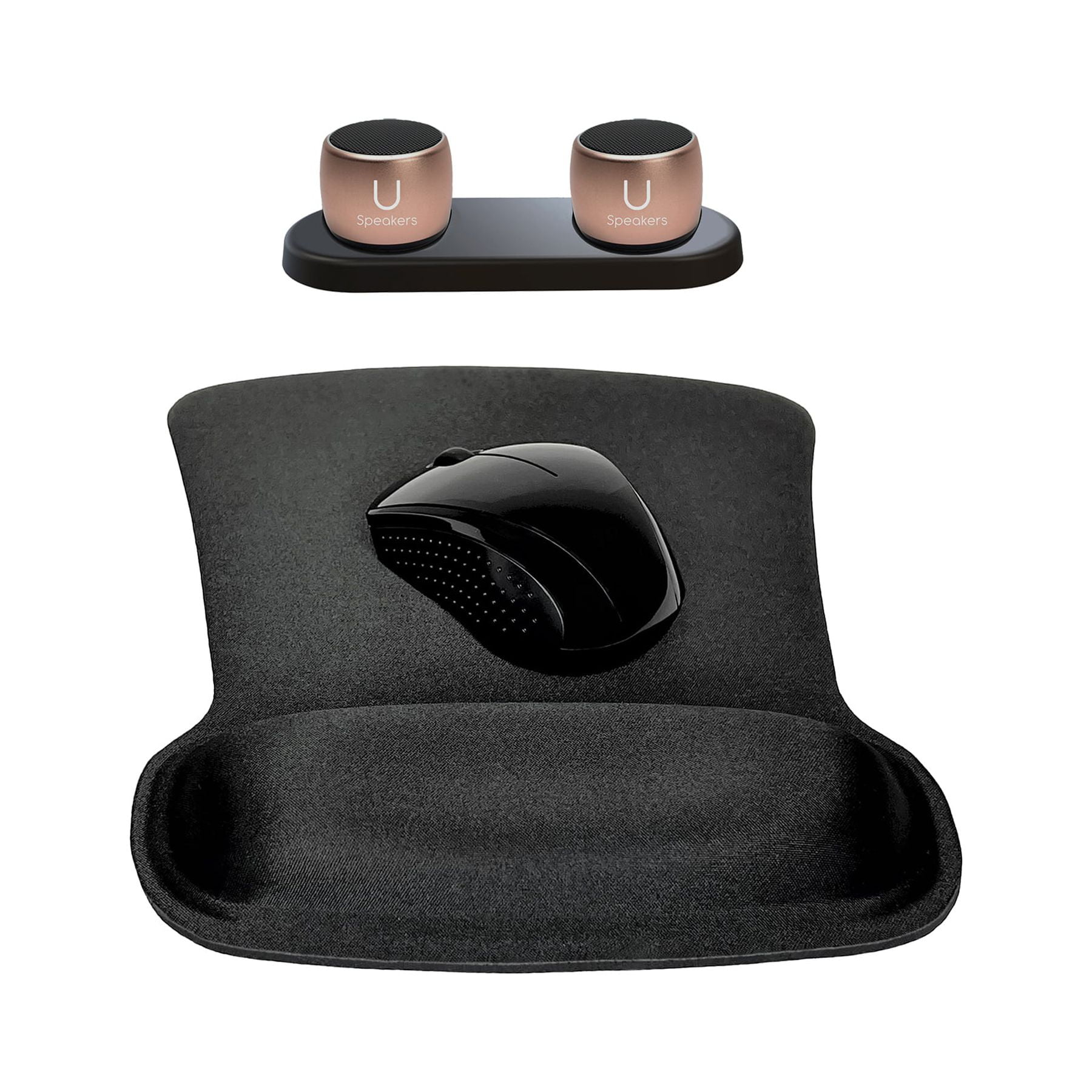 Fashionit U Speakers Bluetooth Pro Speakers & Charging Tray Travel Home Office Bundle with Black Wireless Mouse X3000 G2, & Coordinating Gel Mouse Pad, for Modern Workspace