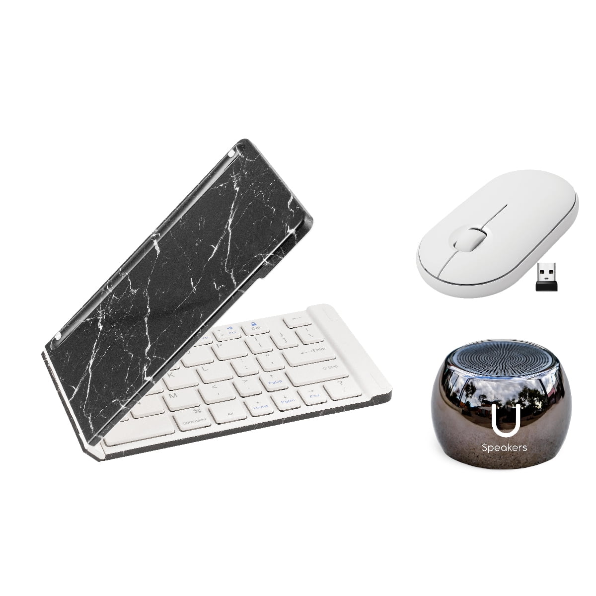 Fashionit U Speakers Boost Water-Resistant Portable Bluetooth Speaker with Selfie Remote Control, Bass, & Mic Travel Home Office Modern Bundle with Mini Folding Wireless Keyboard & Pebble Mouse