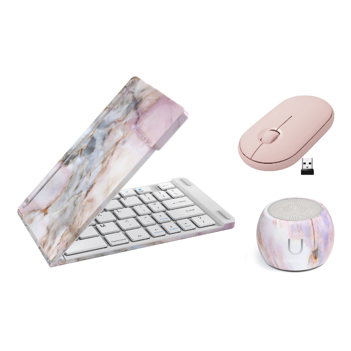 Fashionit U Speakers Boost Water-Resistant Portable Bluetooth Speaker with Selfie Remote Control, Bass, & Mic Travel Home Office Modern Bundle with Mini Folding Wireless Keyboard & Pebble Mouse