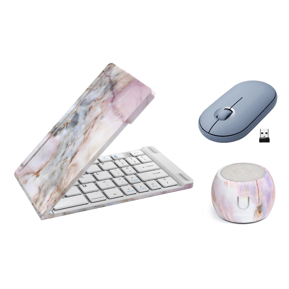 Fashionit U Speakers Boost Water-Resistant Portable Bluetooth Speaker with Selfie Remote Control, Bass, & Mic Travel Home Office Modern Bundle with Mini Folding Wireless Keyboard & Pebble Mouse