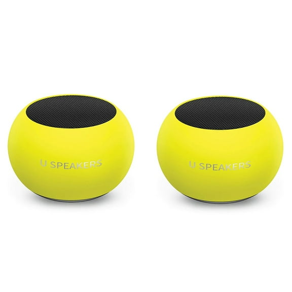 Fashionit U Speakers Mini Bluetooth Computer Speaker 2-Pack Bundle with Matching Speaker, Built-in Mic & Selfie Remote Control, for Workspace, Desktop, Laptop, Mobile, Tablet, PC - Glow Neon Yellow