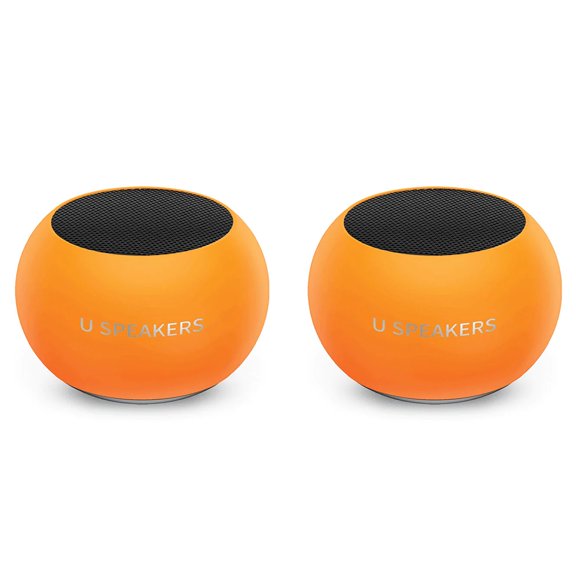Fashionit U Speakers Mini Bluetooth Computer Speaker 2-Pack Bundle with Matching Speaker, Built-in Mic & Selfie Remote Control, for Workspace, Desktop, Laptop, Mobile, Tablet, PC - Glow Neon Orange
