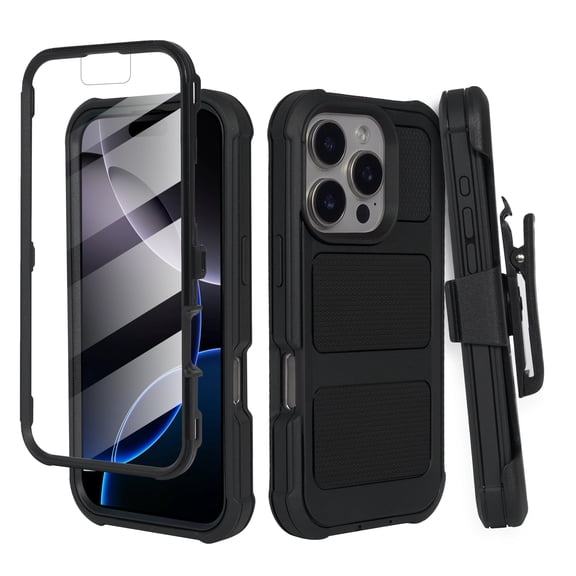 Fashionova For Apple iPhone 16 (6.1") Premium Design Hybrid lined with Belt Clip Holster Shockproof Rugged Tough Cover Phone Case Built in Screen [ Rugged Black]