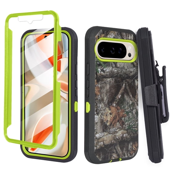 Fashionova for Google Pixel 9 Pro XL Case Rugged Heavy Duty Shockproof Dust/Drop Proof with Belt Clip Holster Built in Screen Protector Yellow Camo