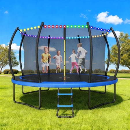Outdoor Trampoline ,Fashionsport Outfitters 10FT/12FT/14FT /16FT Round Trampoline with LED Lights, Recreational Backyard Trampolines Anti-Rust for Kids and Adults with Net and Ladder