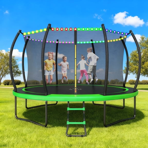 Outdoor Trampoline,Fashionsport Outfitters 10FT/12FT/14FT /16FT Round Trampoline with LED Lights, Recreational Backyard Trampolines Anti-Rust for Kids and Adults with Net and Ladder