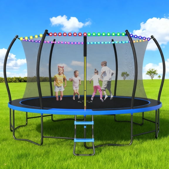 Outdoor Trampoline,Fashionsport Outfitters 10FT/12FT/14FT /16FT Round Trampoline with LED Lights, Recreational Backyard Trampolines Anti-Rust for Kids and Adults with Net and Ladder