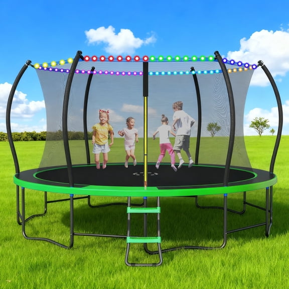 Outdoor Trampoline,Fashionsport Outfitters 10FT/12FT/14FT /16FT Round Trampoline with LED Lights, Recreational Backyard Trampolines Anti-Rust for Kids and Adults with Net and Ladder