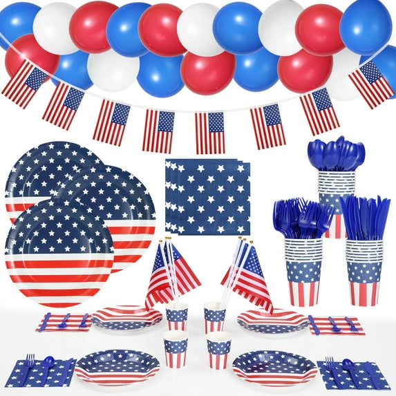 Fashionwu 189 Pcs American Flag Party Supplies Decorations, Include Plates, Napkins, Paper Cups, Flatware Set, American Flags, Banner, Balloons for World Cup 2022, July Fourth, Patriotic Party