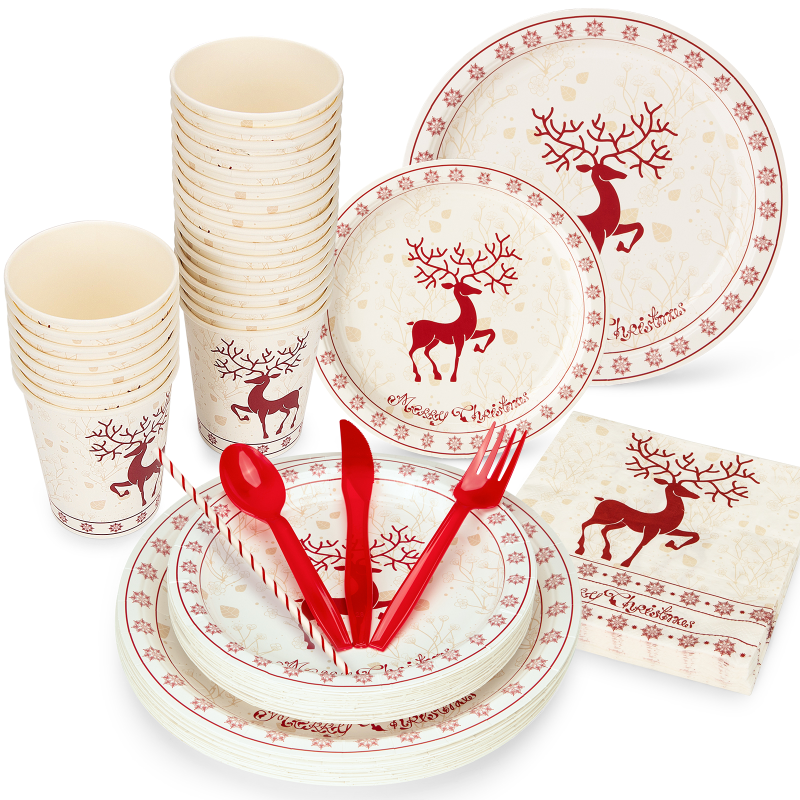 Fashionwu 200Pcs Disposable Paper Plates Set with Cutlery, Christmas Dinnerware & Utensil Includes Plates, Fork, Knife & Spoon for Xmas Party, Camping, Picnic, BBQ