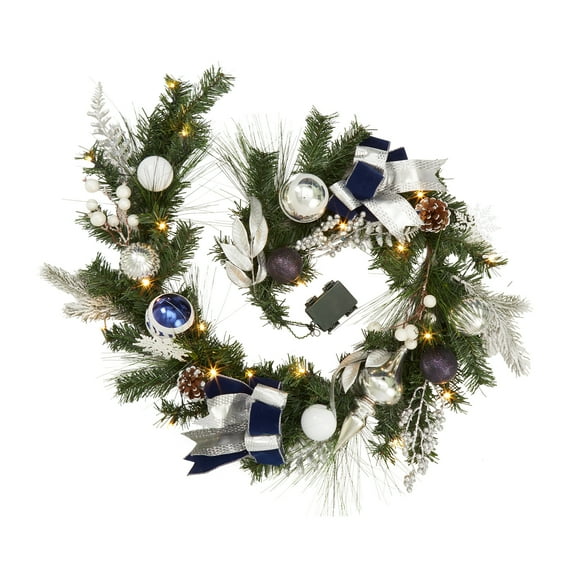 Fashionwu 6ft Christmas Garland with Lights Battery Operated Garland with Blue Silver Ball Ornaments Pine Cones Ribbons and Snowflakes Prelit Christmas Garland for Indoor Outdoor Home Decor