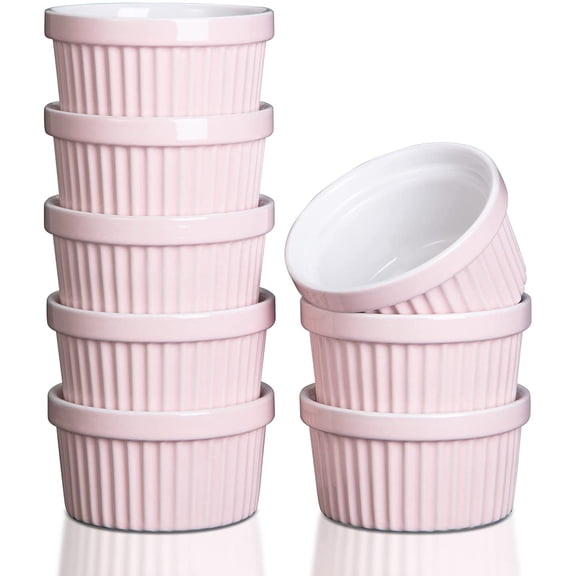 Fashionwu 8 oz Ramekins, Set of 8, Porcelain Ramekins for Creme Brulee Dishes Oven Safe, Classic Style Custard Cups for Baking, Souffle Ramekins Dish Bowls, Dipping Sauce Bowls - Pink