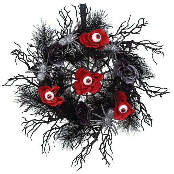 Fashionwu Halloween Wreath for Front Door, 18 Inches Artificial Halloween Decorations with Silver Spiders, Spider Web, Black Roses, Red Flowers Eyes, Halloween Wreaths for Home Door Wall Decoration