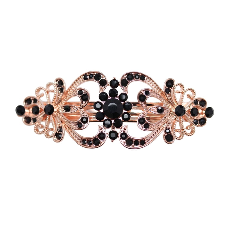 Faship Black Crystal Rose Gold Plated Floral Hair Barrette 