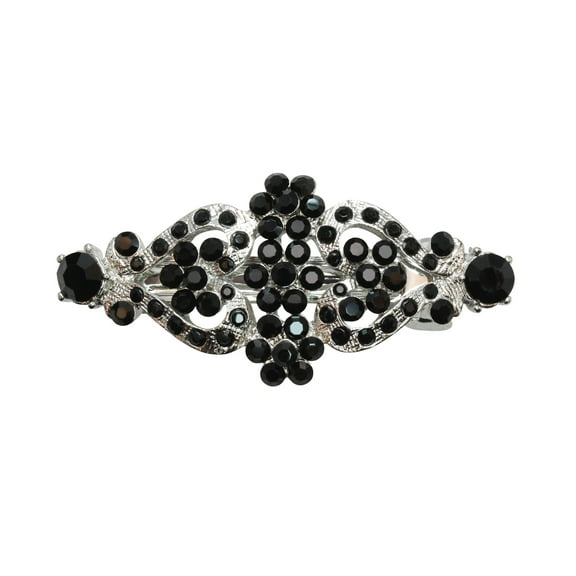 Faship Black Rhinestone Crystal Floral Double Hearts Hair Barrette Clip
