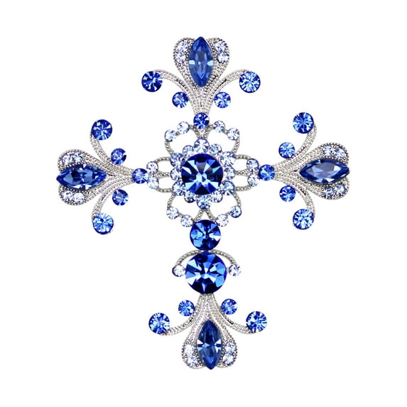 Faship Blue Rhinestone Crystal Cross Crucifix Pin Brooch Pendant Easter Religious Catholic