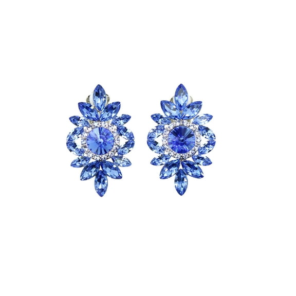 Faship Blue Rhinestone Crystal Floral Clip On Earrings