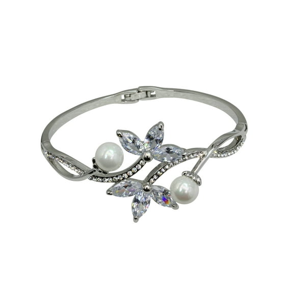 Faship Clear CZ Crystal Shell Pearls Floral Bangle Bracelet