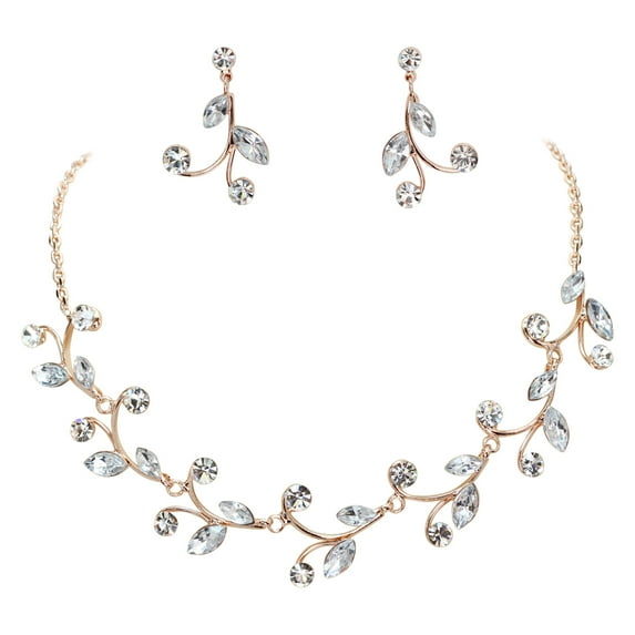 Faship Clear Rhinestone Crystal Rose Gold Plated Floral Necklace Earrings Set