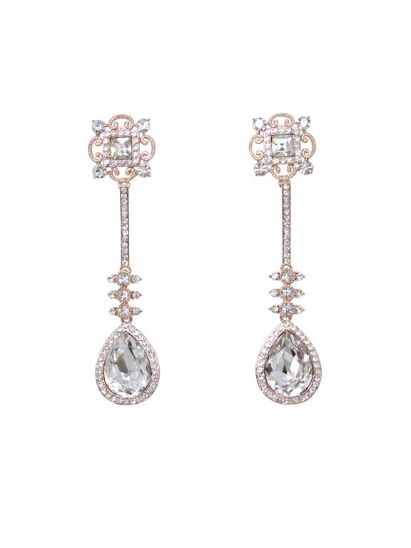 Clear Teardrop Rhinestone Crystal Dangling Floral Earrings
