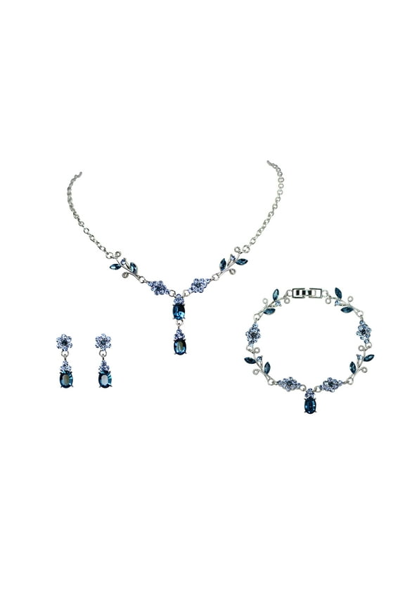 Dark Blue Rhinestone Crystal Floral Necklace Bracelet Earrings Set