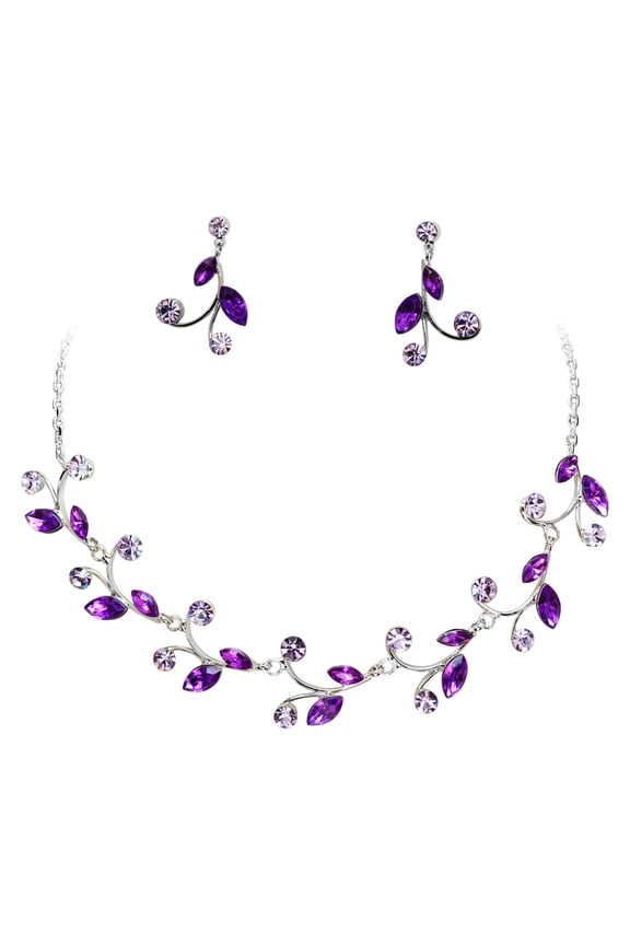 Electric Purple Rhinestone Crystal Floral Necklace Earrings Set