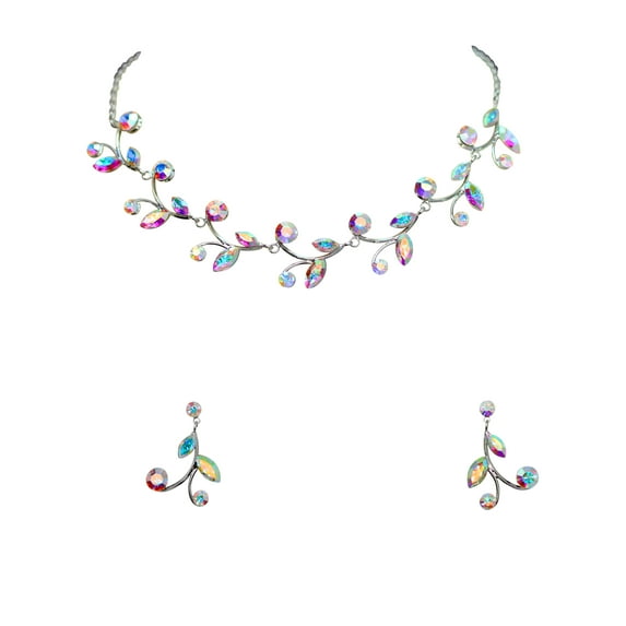 Faship Gorgeous AB Rhinestone Crystal Floral Necklace Earrings Set
