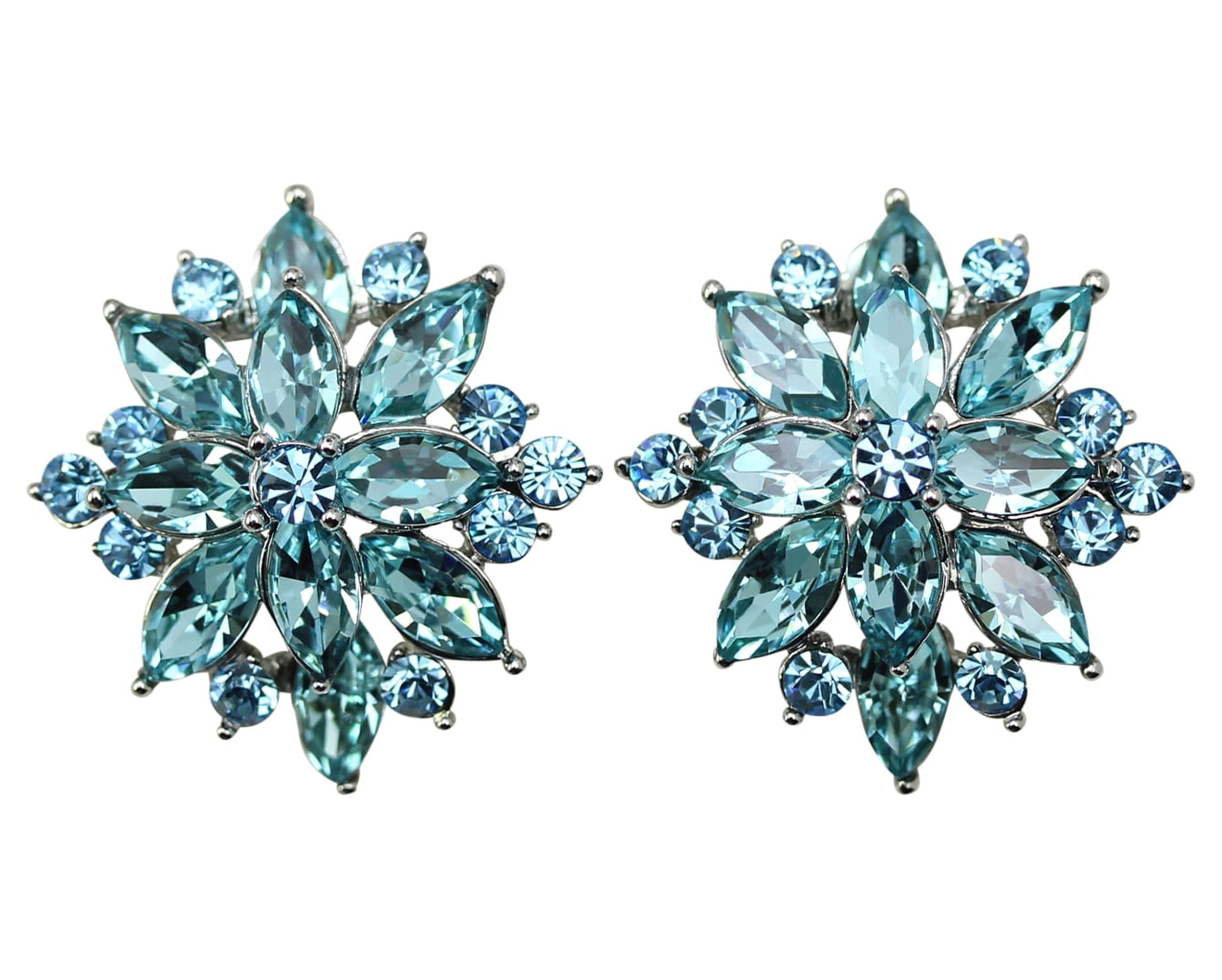 Faship Gorgeous Aqua Rhinestone Crystal Clip On Earrings