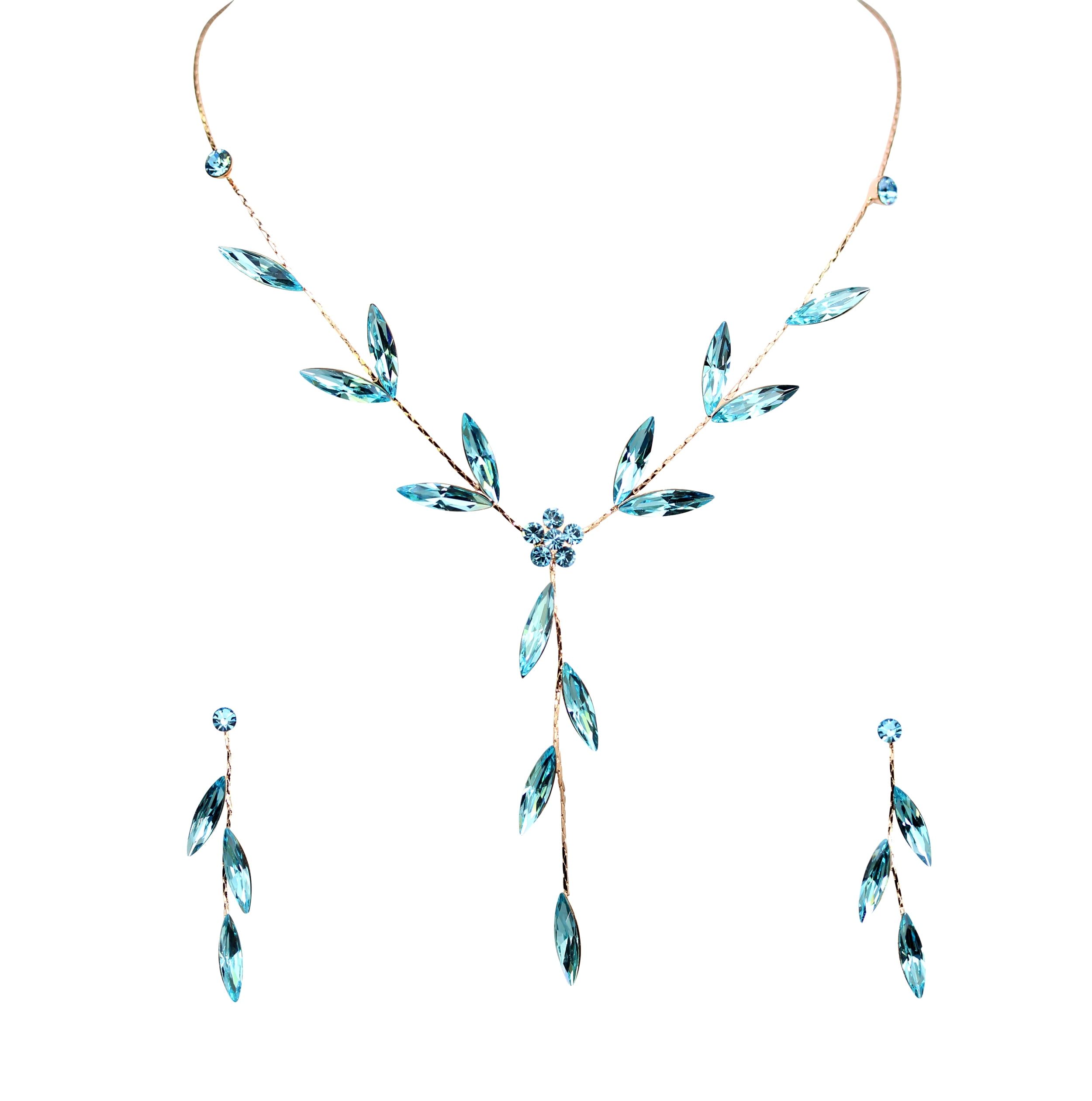 Faship Rhinestone Crystal Floral Necklace & Earrings Set - Pink, Bridal, Wedding, Party Jewelry