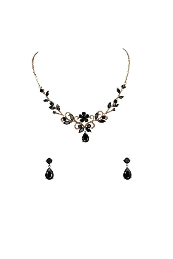 Gorgeous Black CZ Crystal Floral Necklace Earrings Set