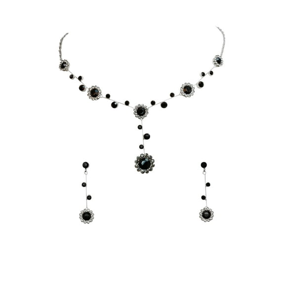 Faship Gorgeous Black Rhinestone Crystal Floral Necklace Earrings Set