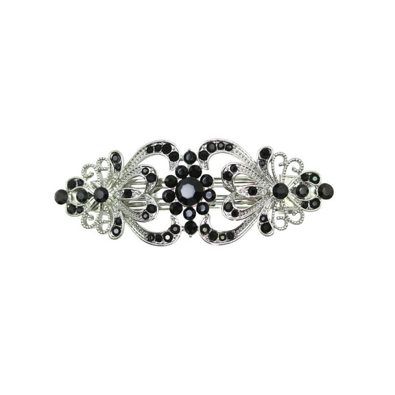 Faship Gorgeous Black Rhinestone Crystal Hearts And Floral Hair Barrette