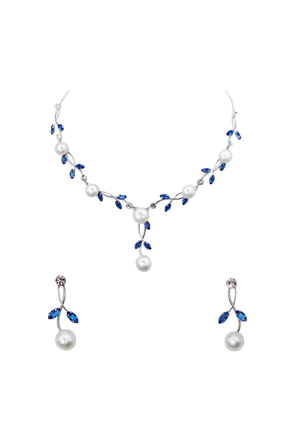 Blue CZ Crystal Genuine Freshwater Pearls Necklace Earrings Set