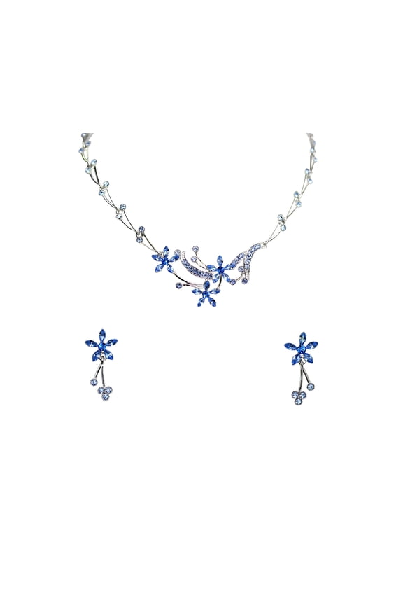 Gorgeous Blue Rhinestone Crystal Floral Necklace Earrings Set