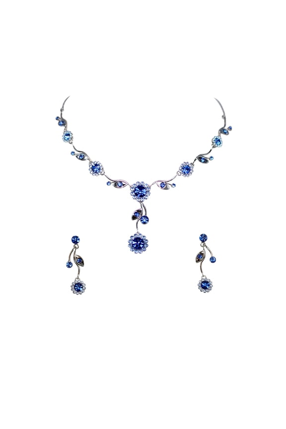 Gorgeous Blue Rhinestone Crystal Floral Necklace Earrings Set