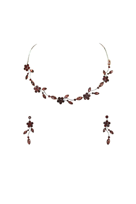 Gorgeous Burgundy Rhinestone Crystal Floral Necklace Earrings Set