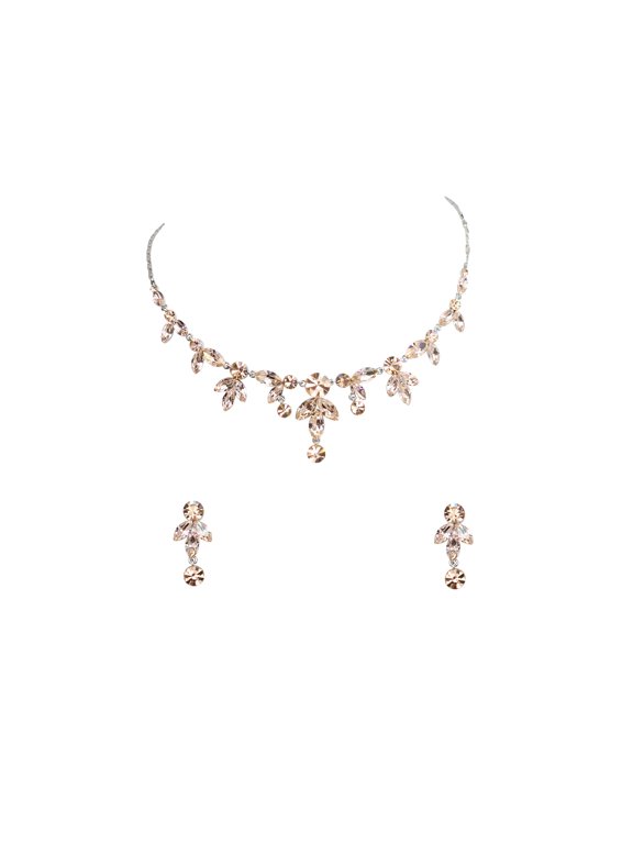 Gorgeous Champagne Rhinestone Crystal Floral Necklace Earrings Set